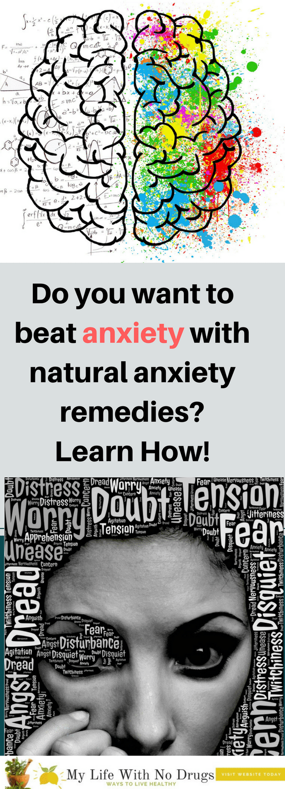 One image with the brain, one with a confused woman and the text Do you want to beat anxiety with natural anxiety remedies? Learn How!